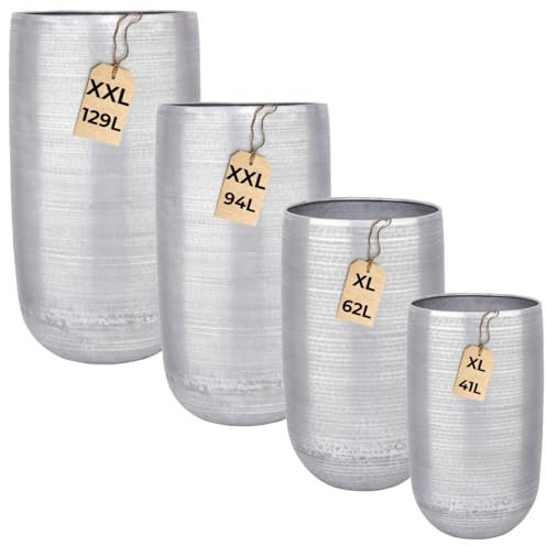 Marrakesch 4er Set XXL Aluminium Blumenkübel Bodenvase 54, 65, 71 & 81 cm Hoch Silber | Pflanzentopf Blumensäule groß rund für Outdoor Indoor | Blumentöpfe Camiel für Garten Balkon & Wohnzimmer