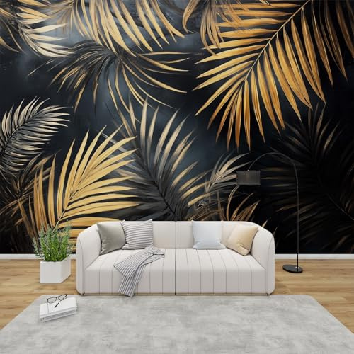 3D Tapete Palmblätter Schlafzimmer, Fototapete Tropische Blätter, Vliestapete Schwarz Gold, Tapeten Wohnzimmer Muster, Blätter Wand Deko Kinderzimmer, Wandtapete, Mustertapete 350x256 cm