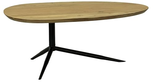 FineBuy Couchtisch Oval 87x50x36 cm Akazie Massivholz, Metallgestell | Wohnzimmertisch mit filigraner Silhouette, Sofatisch aus Echtholz, handgefertigt, jedes Stück ein Unikat