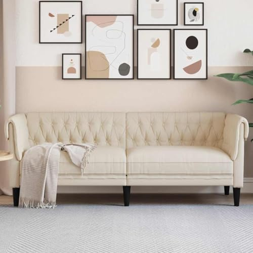 Ziaphsol 3-Sitzer Chesterfield Sofa, Leinen Beige, 201,5 cm Breite, Massivholzrahmen, Gepolstert, Wohnzimmer Möbel, Hoher Komfort für Ihr Zuhause