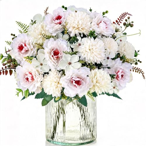 4 Pcs Kunstblumenstrauß wie Echt Pfingstrosen Künstlich Weiss Kunstblumen | Seidenblumen Strauß mit Pfingstrosen Künstliche Blumen Deko Tisch Blumenstrauß Künstlich Hochzeit für Indoor Deko