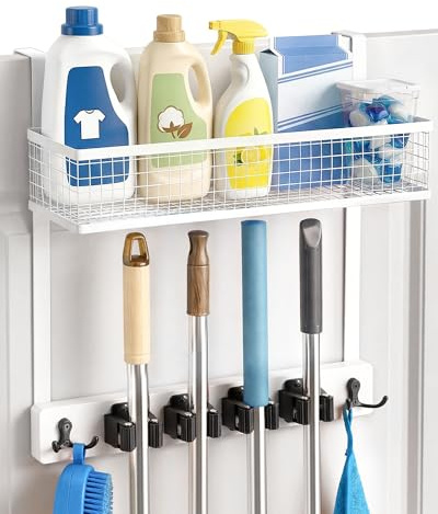 Lorbro Over Door Broom Holder with Basket, Wooden Mop and Broom Holder Wall Mounted, 4 Grips & 4 Hooks, No-Drill Cleaning Tool Organiser for Garage, Kitchen, Utility Room & Storage Areas