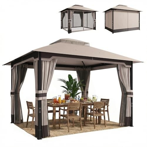 Outsunny Pavillon 3,6x3 m Wasserabweisend Stabil Winterfest Gartenpavillon mit Doppeldach Moskitonetz Seitenteile Abflusslöcher, Garten Pavillon aus Metall, Pavillon für Garten, Terrasse, Khaki