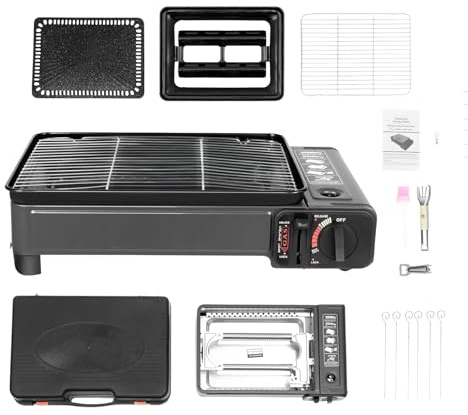 LENJKYYO Camping Gasgrill mit Koffer, 2-in-1 Tischgrill Gas Gaskocher 2-flammig Tragbar, Kleiner Gasgrill für Kartusche & Gasflasche, Outdoor Grill Camping Set für Balkon, Picknick mit Zubehör