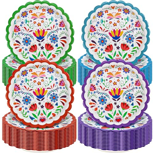 DHNDO 120 Pack Mexican Paper Plates Bulk, 18cm Disposable Fiesta Dessert Plates with Scalloped Edge, Recyclable Cinco De Mayo Party Tableware for Taco Tuesday Carnival Birthday Party Supplies