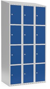 kaiserkraft | 4er-Schließfachschrank Fydor | 3 Abteile | lichtGrau/Enzianblau | B 900 mm | schräge Dachform | Zylinderschloss