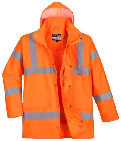 Portwest RT60 Hi-Vis Breathable Rain Traffic Jacket Multi Pocket Waterproof | Orange, Small, EN ISO 20471 Class 3, EN 343 Class 4:3, UPF 40+, Inner Knitted Cuff, Two-Way Zip, Storm Flap Front, Radio Loop