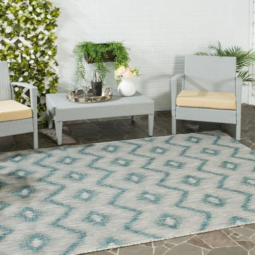 SAFAVIEH Washable Rug Outdoor Courtyard Collection - 6'7 x 9'6, Grey & Blue, Non-Shedding & Easy Cleaning, Ideal for Patio, Backyard, Mudroom (CY8463-37212)