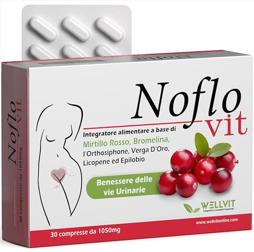 NOFLOVIT - Integratore Cistite con Mirtillo Rosso e Bromelina Forte Drenante, Ottimo Antinfiammatorio Naturale per Infezioni Batteriche alle Vie Urinarie della Donna e Uomo, Made in Italy (30cps)