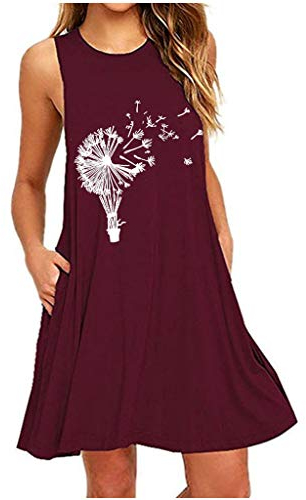 KIMODO Damen A-Linien Pyjama Ärmellos Rundhals Mini Kleider Gänseblümchenmuster Lose Casual Longshirt Oversize Tank Tops (Wein-D, 6XL)
