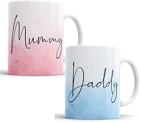 Mummy and Daddy Watercolour Mugs for New Parents Mum and Dad, Mother, Father, Gift, Present (Mummy & Daddy Set)