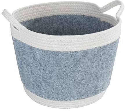 WENKO Filzkorb Bea L, Korb mit Zwei weißen Griffen & 30 L Volumen, gefertigt aus recyceltem Polyesterfilz in Hellgrau abgesetzt mit weißem Flechtdesign, 80% Polyester / 20% Baumwolle, Ø 35 x 26 cm