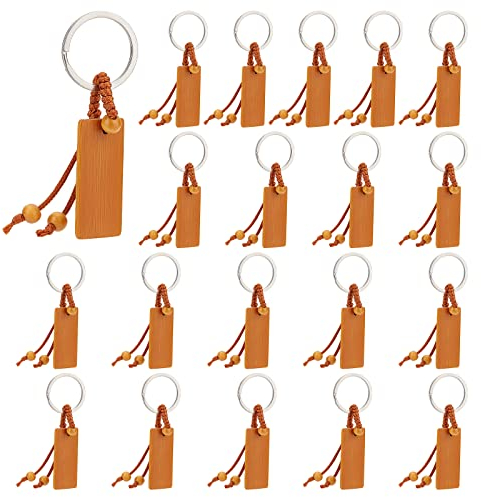 PandaHall Porte-Clés en Bambou avec Perles en Bois 20pcs Gravure sur Bois Porte-Clés 10x3cm Rectangle Porte-Clés Pendentif Fer Fendu Porte-Clés pour la Maison Clés de Voiture Bouteilles de Vin