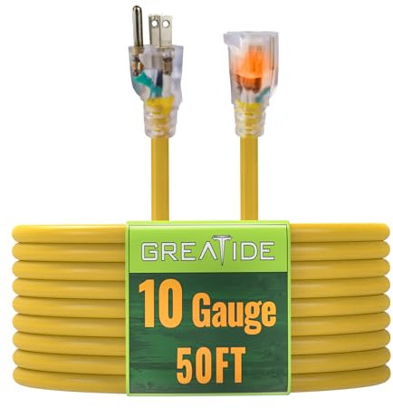 GREATIDE Outdoor Lighted Extension Power Cord 50 Feet - 10/3 SJTW Heavy Duty Yellow Extension Cord with 3-Prong Ground Plug for Safety, UL Listed