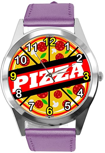 TAPORT Purple Leather Round Watch for Fans of Pizza