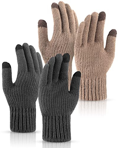 SATINIOR 2 Paar Winter Warme Touchscreen Handschuhe Winddicht Thermo Strickhandschuhe für Damen Herren Fahrrad (Dunkelgrau, Khaki)