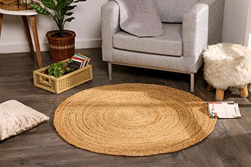 Spetebo Jute Teppich geflochten Natur - rund / 120 cm - Kurzflor Läufer im Ethno-Style - Niedrigflor Naturfaser Matte recycelbar wasserabweisend antistatisch farbecht