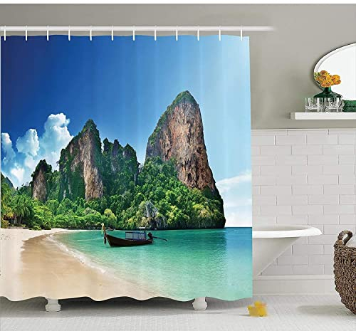 MEKPAM Tropical Decor Duschvorhang Railay Beach In Krabi Thailand Kleines Boot Kristallwasser Felsen Klippe Tropenlandschaft Badezimmer Bule Green 180X180cm