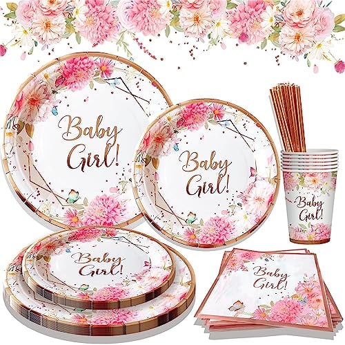 Assiette Baby Shower Rose Gold Fleur, Vaisselle Fête Baby 24 invités, 120 Pièces Kit Assiettes Carton Tasse Serviette Gobelets, Baby Shower Bapteme Decoration Fille