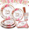 Babyparty Deko Mädchen, Baby Shower Deko Partygeschirr Set 24 Gäste, 120 Stück Rosa Gold Babyparty Pappteller Becher Servietten Strohhalme Pappgeschirr Sets