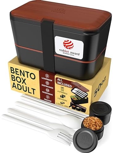 Umami Premium Lunchbox Erwachsene, Verschachtelbar Auslaufsichere Bento Box mit 4 Bestecke & Fächern, Brotdose Erwachsene, Salatbehälter To-Go, Lunch Box für Picknick/Büro, Schwarzes Sapele, 1500 ml