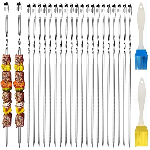 Brochettes pour Barbecue,20 Pièces 30 cm Brochettes à Viande en Acier Inoxydable,BBQ Brochettes avec 2 pinceaux à huile,Brochettes en métal Plat,Brochette Réutilisables pour Barbecue,Viande,légumes