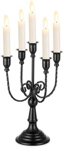 Sziqiqi Kerzenständer Kerzenhalter 5 Armig - 29.5cm Vintage Kerzenständer Dekorative Kerzenleuchter für Stabkerzen Metall für Halloween Tischdeko Wohnzimmer Kamin Mantel Dekor, Schwarzer
