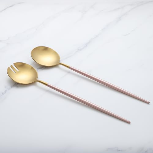 Zerophilo Salad Servers,Spoon and Fork Set 11.41 inch,18/10 Stainless Steel Salad Serving Titanium Plating (Pink gold)