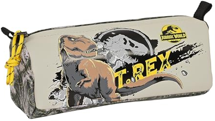 JURASSIC WORLD WARNING - Astuccio con cerniera e scomparto, astuccio per bambini, ideale per bambini in età scolastica, comodo e versatile, qualità e resistenza, 21 x 7 x 8 cm, colore grigio, grigio,