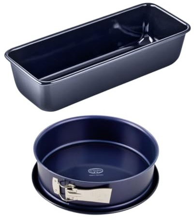 Dr. Oetker 9923150 Set de 2 moules à gâteaux, moule à manqué à charnière de 26 cm, moule à charnière, moule à cake 30 cm, moule rectangulaire pâtisserie, moule pain, Acier, Email, Bleu, 26 cm