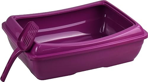 Cat Litter Tray with Scoop Kitten Waste Open Deep Toilet Loo Tray Box Matching Scoop Set (Purple, M)