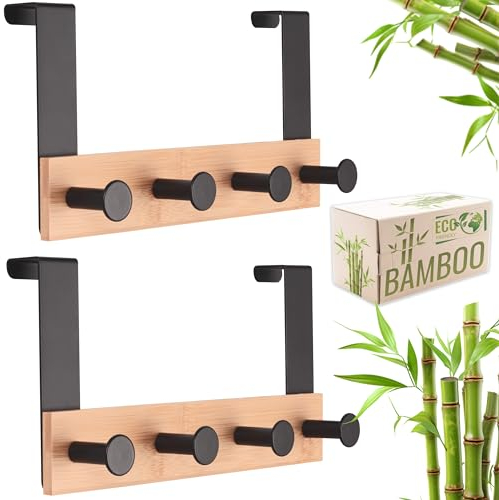 RICOO Door Hooks Hanger - Modern Over Door Hanger with 4 Hooks, Bamboo and Steel Over The Door Coat Hanger Rack for Clothes, Towels, Hats - MH029N-4x2, Set of 2, Natural Colour
