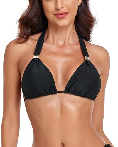 RELLECIGA Damen Bademode Bikini Oberteil Triangel Top mit Goldem Schmuck Schwarz M