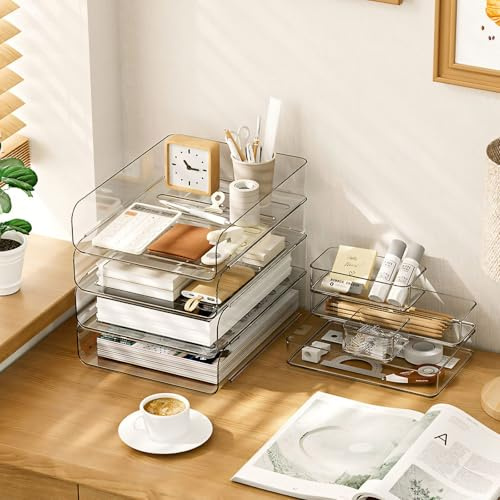 Easyhomie Vierstufige Ablagekorb A4, Multifunktionale Briefablage & Dokumentenablage aus PET Kunststoff, Stapelbare Büro Organizer