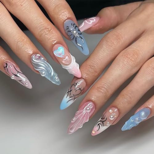 MouyouGlow Press on Nails Kurz,Almond Blau Rosa Sweet Ozean 3D Bubble Shell Herz Glitzer Bow Perle Y2K Coquette Fake Nails mit Nagelkleber,Pink Love Valentine Sommer Künstliche Fingernägel