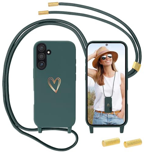 Handyband für Samsung Galaxy A54 5G Hülle mit Band, MoEvn Necklace Handyhülle mit Kordel für zum Umhängen Herz Muster Silikon Case Stoßfeste Schutzhülle mit Abnehmbar Kette für Samsung A54, Grün