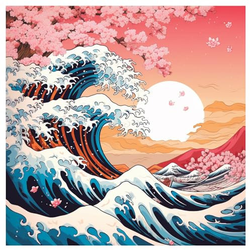 Peinture Numero Adulte, DIY Peinture par Numero Adulte, Peinture Acrylique pour Adultes Enfants débutants Facile sur Toile Peinture Numero avec peintures et pinceaux, vagues 40×40 cm