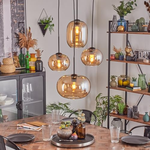 HOFSTEIN Hängeleuchte Apedo, 4-flammige Hängelampe aus Metall/Glas in Schwarz/Bernstein, Retro/Vintage-Design (Ø 20, 30cm), E27, Pendelleuchte verstellbar bis max. 147cm, Esszimmer, Wohnzimmer, Küche