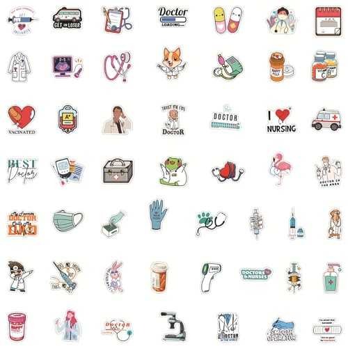 50 Stück Doktor Sticker Set, Krankenschwester Aufkleber, Krankenschwester Medizinische Ausrüstung Aufklebe, Wasserfeste Vinyl Aufkleber für Auto, Laptop, Skateboard, Fahrrad, Moped, Motorrad und Helm