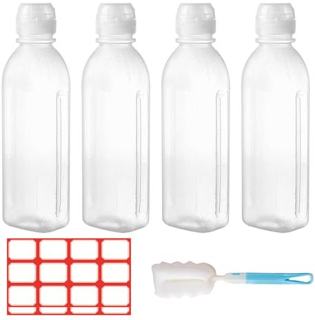 Bofanze 10oz Condiment Squeeze Bottle, 4 Pack Plastic Squeezy Sauce Bottles Clear Leak-Proof Condiment Bottle with Label and Cleaning Brush for Ketchup, BBQ, Sauces, Syrup, Dressings
