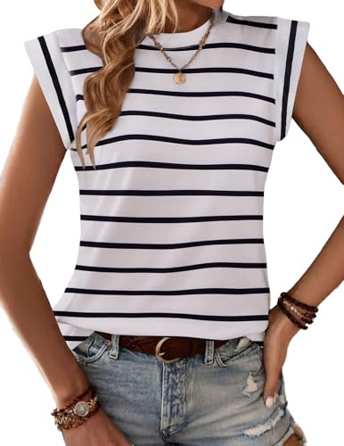 Zeagoo topp dam basic linne ärmlös t-shirt sommar mössa ärmar topp | Lös blustopp | rund hals toppar | enfärgad väst | randig skjorta | XS-XXL