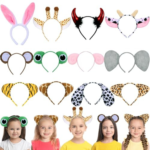 Huiguli 12 Pièces Serre-têtes Animaux, Mignon Plush Hair Bands, Bandeaux à Oreilles Zoo Jungle pour Les Jeux de Rôle de la Fête, Fantaisie Serre Tete pour Carnival DecorationsAdulte Les Enfants