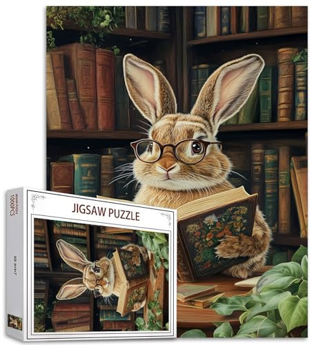 Rabbit Reading Books 1000 Piece Jigsaw Puzzle for Adults Animal with Glasses Retro Library Jigsaw Puzzles Hard Difficult Challenging Family Activity Game Nights DIY Handwork Puzzles Home Decor Gifts