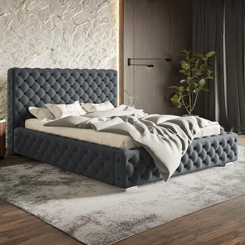 MOTIVENA Dianna Chesterfield Bett 200x200, Polsterbett 200x200, mit Bettkasten, mit Stauraum, mit Lattenrost, mit Kopfteil, Martatze H3, Bett Samt, Grau Anthrazit
