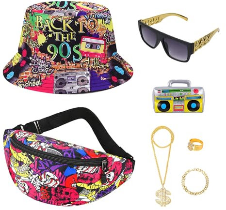 7Stück 80er Jahre Accessoires, Gangster Hip Hop Rapper Kostüm Herren Mit Fischerhut für Zuhälter, Fasching, Karneval und Mottoparty - Damen