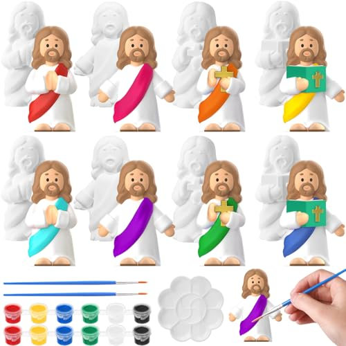 Fullhawl 8 Pcs Ceramic to Paint Jesus Statues Easter Paint Your Own Jesus Kit Christian Easter Crafts 3D Ready to Paint Ceramics Jesus Figurines with Brush for Sunday School Crafts Easter Party