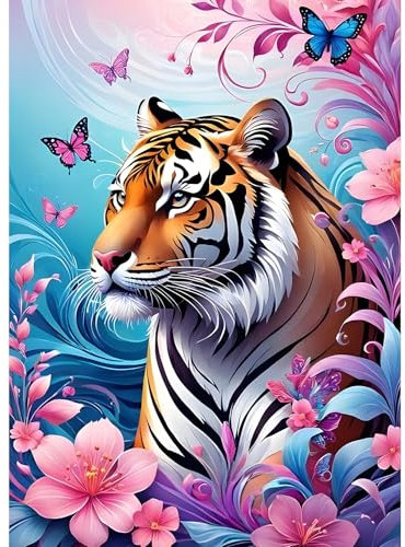 GDYEEH Fantasie Tiger Diamond Painting Erwachsene, 5D Schmetterling Diamant Kunst Bilder Anfänger, DIY Blumen Runder Vollbohrer Diamanten Malerei Stickerei Kreuzstich Geschenke Home Wand Dekor 30x40cm