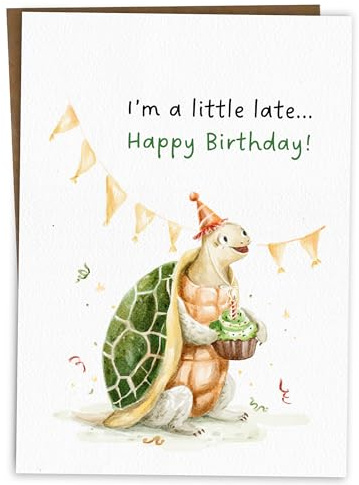 BYANIKA Belated Happy Birthday Card | Sorry I'm Late, I Forgot, Delayed Bday Tortoise Design | Better Late Than Never Card | For Him, Her, Best Friend, Brother, Sister, Partner, Husband, Wife, Parent