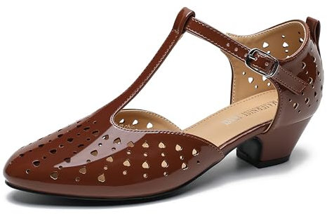 MAIERNISI JESSI Damen T-Riemen Low Chunky Heel Mary Jane Pumps Cut Out Hochzeitskleid Schuhe, Braunes Lack-Aushöhlen, 42.5 EU