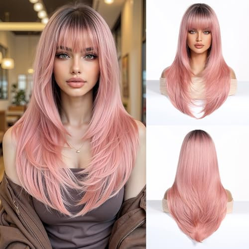 Esmee Synthetikhaar-Perücke für Damen - Langer Glatter Gestufter Pink-Ton mit Dunklem Ansatz für Alltag & Partys